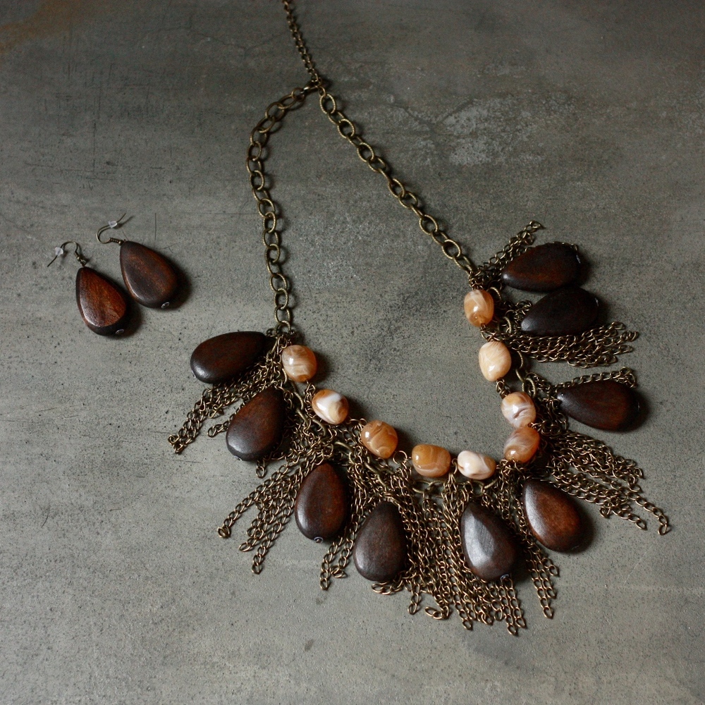 boho statement necklace + earrings, metal fringe